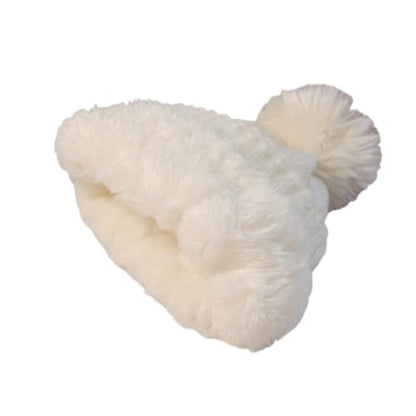 Cable Knit Winter Beanie Hat with Faux Fur Pom Pom, White-Gift Package