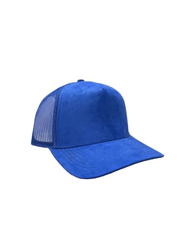 Ashen Fane Faux Suede Polyester Blend 5 Panel Classic Flat or Round Visor Adjustable Snapback Mesh Back Trucker Hat - color: Round - Royal
