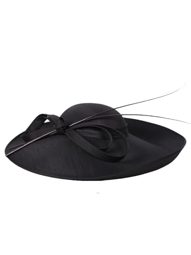 Big Wide Brim Fascinator Hats for Women Ladies Kentucky Tea Party Dress Flat Top Fedoras Hat with Bow Feather - color: Black