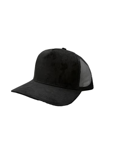 Ashen Fane Faux Suede Polyester Blend 5 Panel Classic Flat or Round Visor Adjustable Snapback Mesh Back Trucker Hat - color: Round - Black
