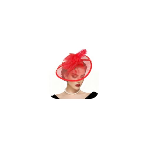Fascinators Hats for Women Tea Party Hat Vintage Feather Mesh Headband Hair Clip Flower Headwear for Wedding Cocktail Church - color: Red