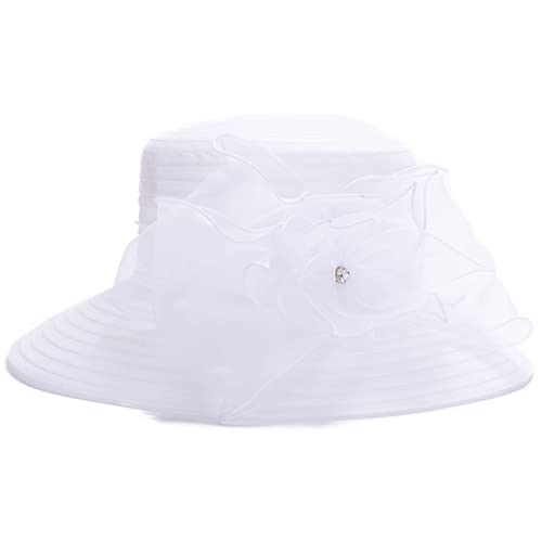 Womens Wedding Occasion Floral Wide Brim Church Dressy Sun Hat A323 - color: White