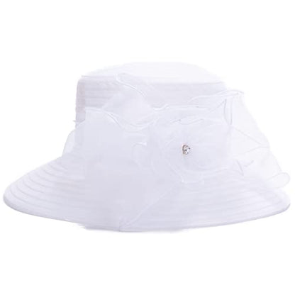 Womens Wedding Occasion Floral Wide Brim Church Dressy Sun Hat A323 - color: White