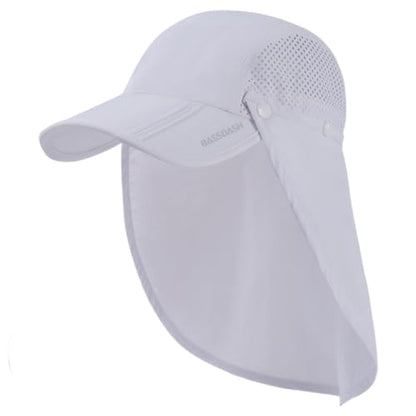 BASSDASH UPF 50+ Fishing Hat, Baseball Cap with Removable Neck Flap - color: White With Foldable Brim