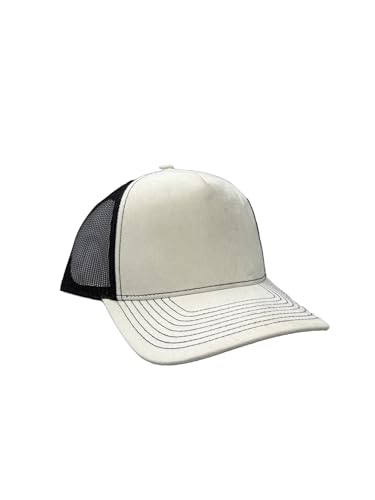 Ashen Fane Faux Suede Polyester Blend 5 Panel Classic Flat or Round Visor Adjustable Snapback Mesh Back Trucker Hat - color: Round - Off-white