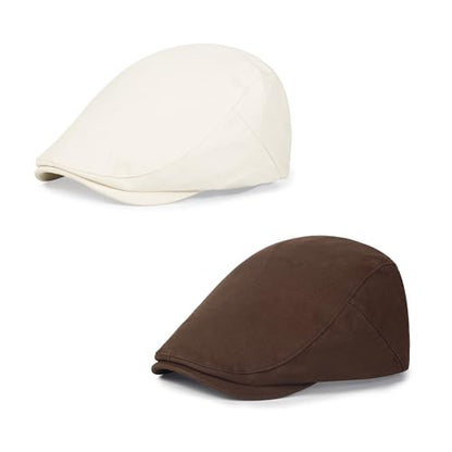 2Pcs Men's Newsboy Cap Cotton Flat Ivy Gatsby Driving Hat - color: 2b2-coffee+beige