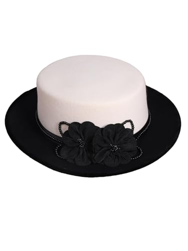 HIMESPORT Women's Black/White Dome and Flat Brim Wool Felt Fedora Hat with Flower Beaded Formal Church Cocktail Hats - color: White