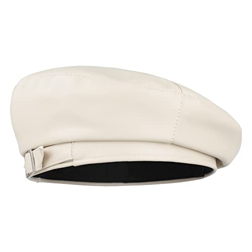 Women Buckle Spring Fall Winter Faux Leather Beret Classic British Style Hat - color: White