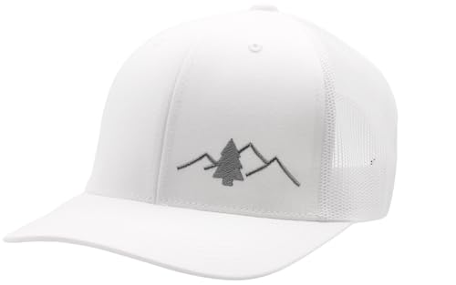 LINDO Trucker Hat [ Great Outdoors Design ] for Men and Women: Mid Profile Cap with Breathable Mesh Back and Adjustable Snap - color: White