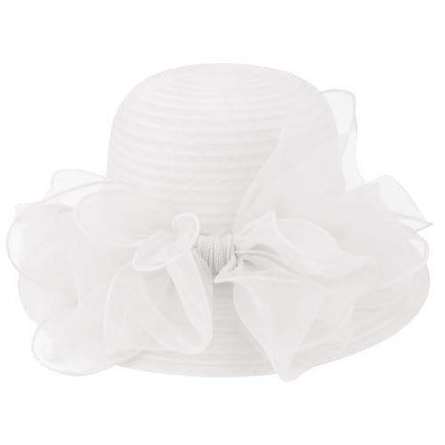 DRESHOW Lady Derby Dress Church Bowler Cloche Hat Bowknot Organza Bridal Cap for Wedding - color: 1 Pc: White a