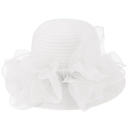 DRESHOW Lady Derby Dress Church Bowler Cloche Hat Bowknot Organza Bridal Cap for Wedding - color: 1 Pc: White a