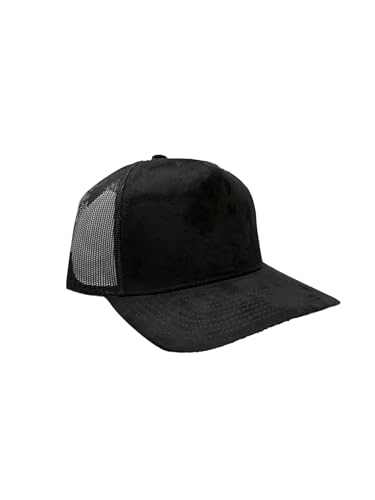 Ashen Fane Faux Suede Polyester Blend 5 Panel Classic Flat or Round Visor Adjustable Snapback Mesh Back Trucker Hat - color: Round - Black