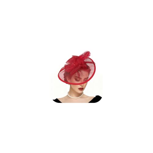 Fascinators Hats for Women Tea Party Hat Vintage Feather Mesh Headband Hair Clip Flower Headwear for Wedding Cocktail Church - color: Wine Red