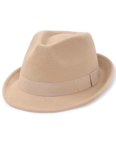 FURTALK Fedora Hats for Men Women Short Brim Felt Trilby Hat with Ribbon - color: Camel