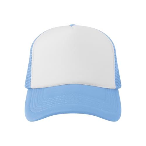 TOPTIE 5 Panel Foam Front Trucker Hat High Crown Mesh Back Snapback Cap - color: Light Blue White