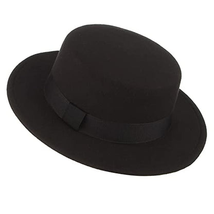 Pork Pie Hat for Men/Women, Wide Brim Felt Boater Fedora Church Derby Cap - color: Black-style 1