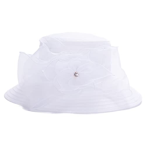 Womens Wedding Occasion Floral Wide Brim Church Dressy Sun Hat A323 - color: White