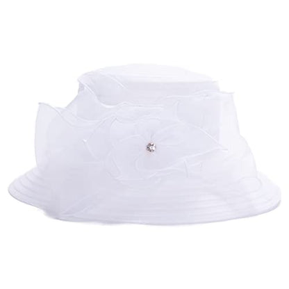 Womens Wedding Occasion Floral Wide Brim Church Dressy Sun Hat A323 - color: White