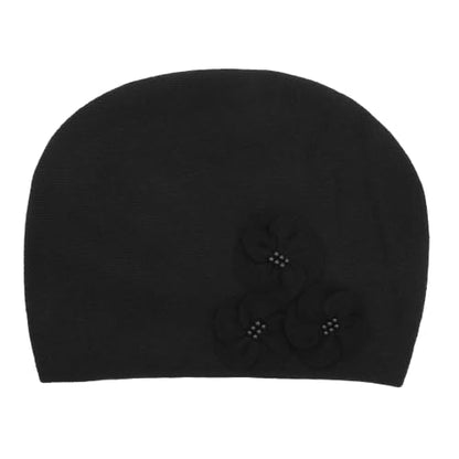 ZLYC Women Floral Slouchy Beanie Hat Double Layer Winter Knit Skull Cap - color: Solid Black