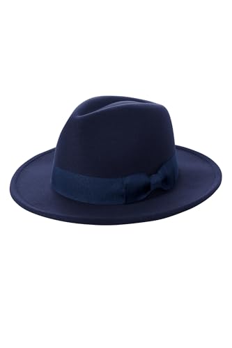 BABEYOND 1920s Fedora Hat for Men Gatsby Wide Brim Hat Felt Panama Cap - color: Navy Blue