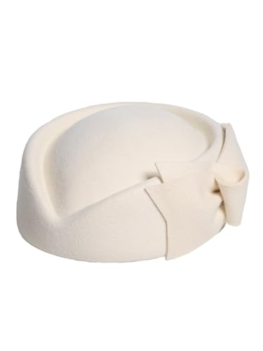 HIMESPORT Wool Felt Bowler Fascinators Hats for Women Ladies Female Elegant Wedding Tea Party Beret Hat with Bowknot - color: White