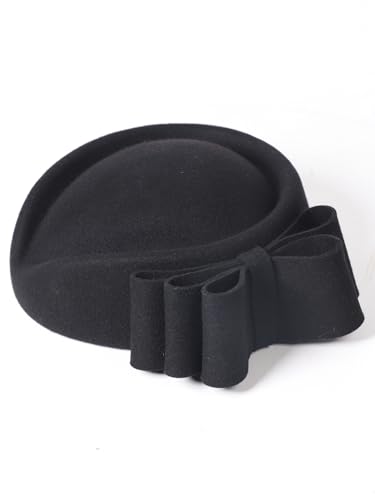 HIMESPORT Wool Felt Bowler Fascinators Hats for Women Ladies Female Elegant Wedding Tea Party Beret Hat with Bowknot - color: Black 1