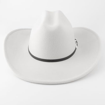 AQOKKA Western Cowboy Hats for Women Classic Felt Wide Brim Fedora Hat with Belt Buckle Retro Panama Hat Unisex Rolled up Cap - color: 1 Pc Fedora Hat : White