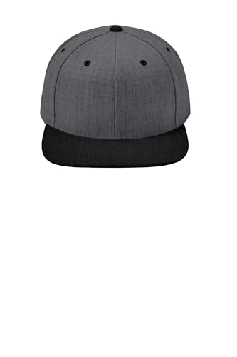 SPORT-TEK Unisex Classics Flat Bill Snapback Cap | Snapback Hat for Men & Women, High Profile Design with 7 Position Closure - color: Dark Heather Grey/ Black