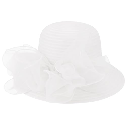 DRESHOW Lady Derby Dress Church Bowler Cloche Hat Bowknot Organza Bridal Cap for Wedding - color: 1 Pc: White a