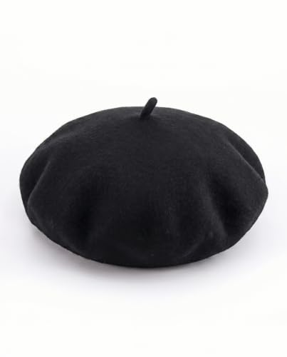 Wool French Beret Hats for Women Classic Winter Beanie Cap - color: Black