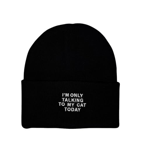Cat Mom Cat Dad Beanie Collection – Jacquard Pom Pom Hats & Double-Layer Embroidered Beanies for Pet Lovers - color: I’m Only Talking to My Cat Today Black