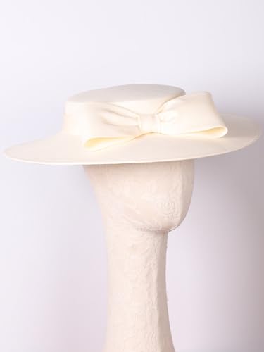 Wide Brim Hats for Women Big Bowknot Formal Occasion Kentucky Cap Lady Wedding Cocktail Party Flat Top Fedoras - color: Beige White