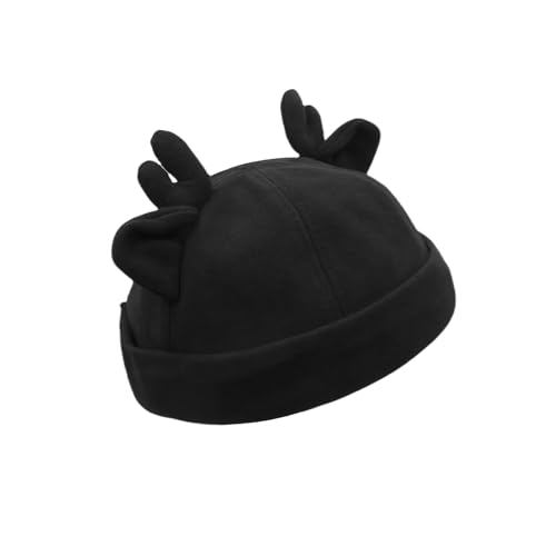 Beanie Hats for Women Men Brimless Skullcap Docker Cap with Reindeer Antlers Rolled Cuff Retro Adjustable Sailor Cap - color: Black