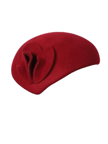 HIMESPORT Wool Felt Fascinator Hats for Women Ladies Female Wedding Cocktail Tea Party Dress Pillbox Hat - color: Wine Red 4