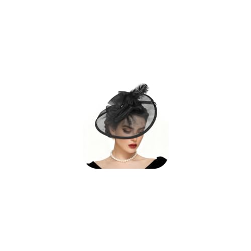 Fascinators Hats for Women Tea Party Hat Vintage Feather Mesh Headband Hair Clip Flower Headwear for Wedding Cocktail Church - color: Black
