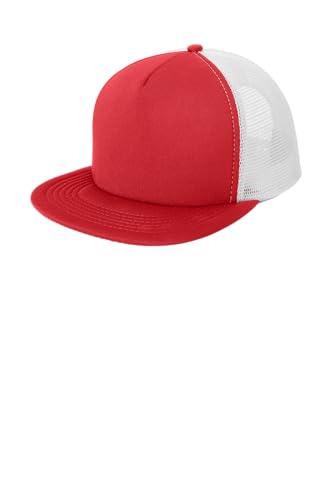 District Flat Bill Snapback Trucker Cap, Flat Brim Hat for Men & Women - color: New Red