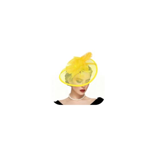 Fascinators Hats for Women Tea Party Hat Vintage Feather Mesh Headband Hair Clip Flower Headwear for Wedding Cocktail Church - color: Yellow