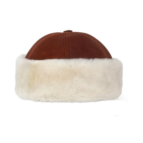 Lukkizara Winter Leather Hat Shearling Sheepskin Fur Beanie Hat - color: Cognac, size: Medium