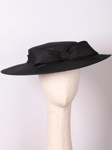 Black Wide Brim Hats for Women Big Bowknot Formal Church Occasion Kentucky Cap Lady Wedding Cocktail Tea Party Dress Flat Top Fascinators