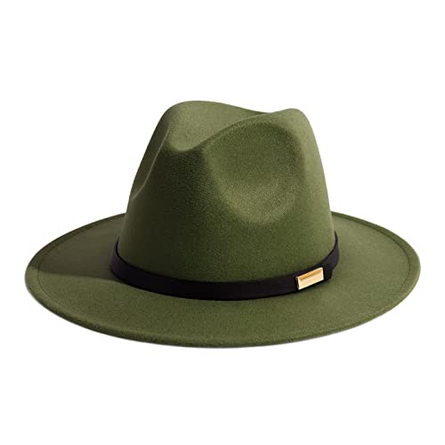 Fedora Hats for Men Wide Brim Panama Hat with Classic Belt - color: Oilve Green