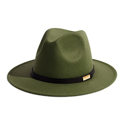 Fedora Hats for Men Wide Brim Panama Hat with Classic Belt - color: Oilve Green