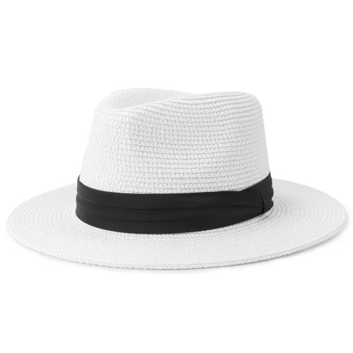 DRESHOW Women Straw Panama Hat Travel Fedora Beach Sun Hat Summer Wide Brim Straw Roll up Hat UPF 50+ - color: Z Panama Straw Hat: White With Black Band