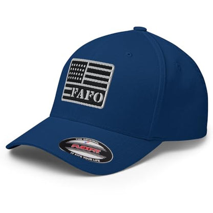 FX FAFO USA Flag Fitted Hat Embroidered Curved Bill Mid Crown Closed-Back Structured Twill Cap - color: Royal Blue, size: Large-X-Large