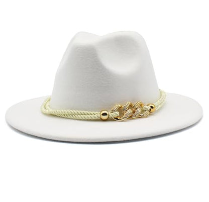 Fashion Men & Women Wide Brim Fedora Hats with Ring Belt Buckle Adjustable Church Dress Floppy Panama Hat Derby Cap - color: White