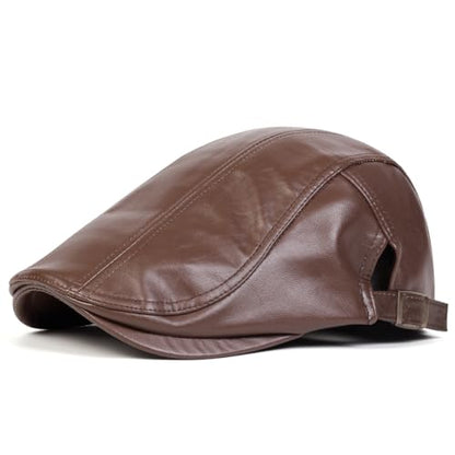 Newsboy Cap for Men, Flat Cap, PU Leather Hat - color: Buckle| Khaki