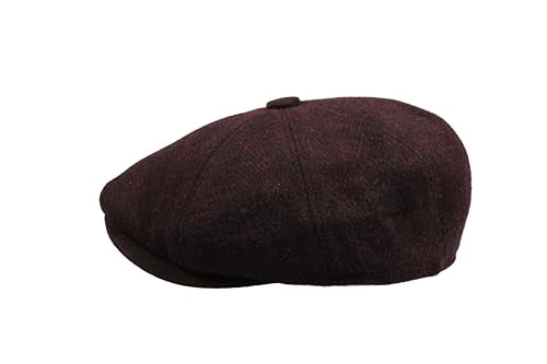 8 Panel Wool Blend Newsboy Cap – Classic Tweed & Herringbone Baker Boy Hat for Men & Women - color: Dark Burgundy Herringbone, size: Medium