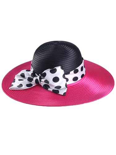 Women Wide Brim Rose Black Patchwork Kentucky Hat for Wedding Party Hat Big Bowknot Polka Dots Fedora Hats - color: Rose