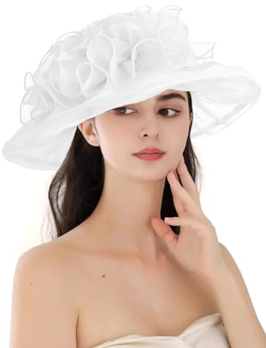 ORIDOOR Women's Organza Cloche Bowler Hat Derby Fascinator for Tea Party Bridal Wedding Hat - color: 013-white