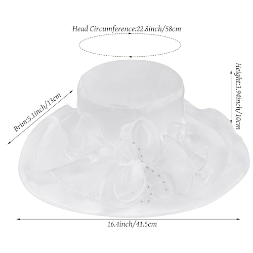 Tea Party Hats for Women Wide Brim Organza Fascinators Hats Elegant Sun Hat for Wedding Cocktail Tea Party Dresses - color: White