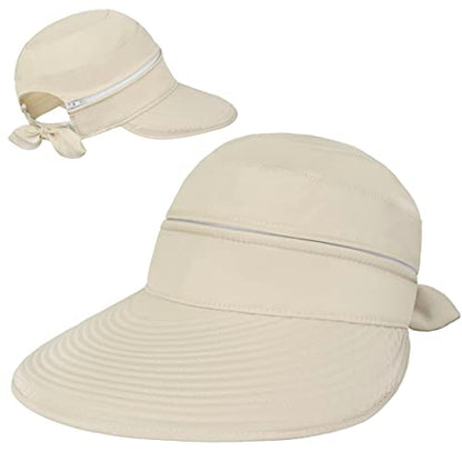 SUN CUBE Womens Sun Hat UV Protection Wide Brim Zip-Off Golf Visor - color: Beige